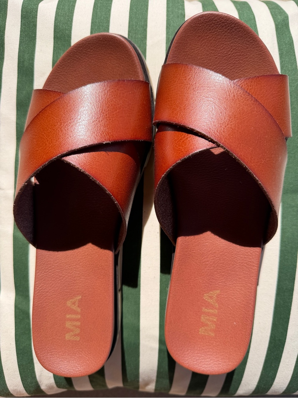 MIA Cognac Leather Crisscross Slide Sandals